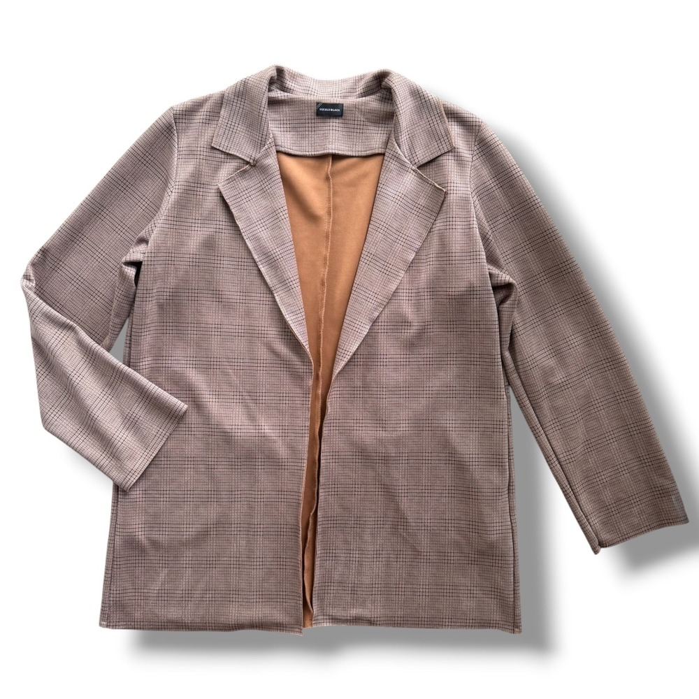 Buckle Black Women Brown Glen Plaid Open Front Scuba Knit Longline Blazer Jacket